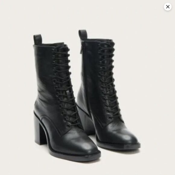 $399 Frye Pia Black Leather Combat Lace Up Moto Goth Block Heel Ankle Bootie - Picture 2 of 15